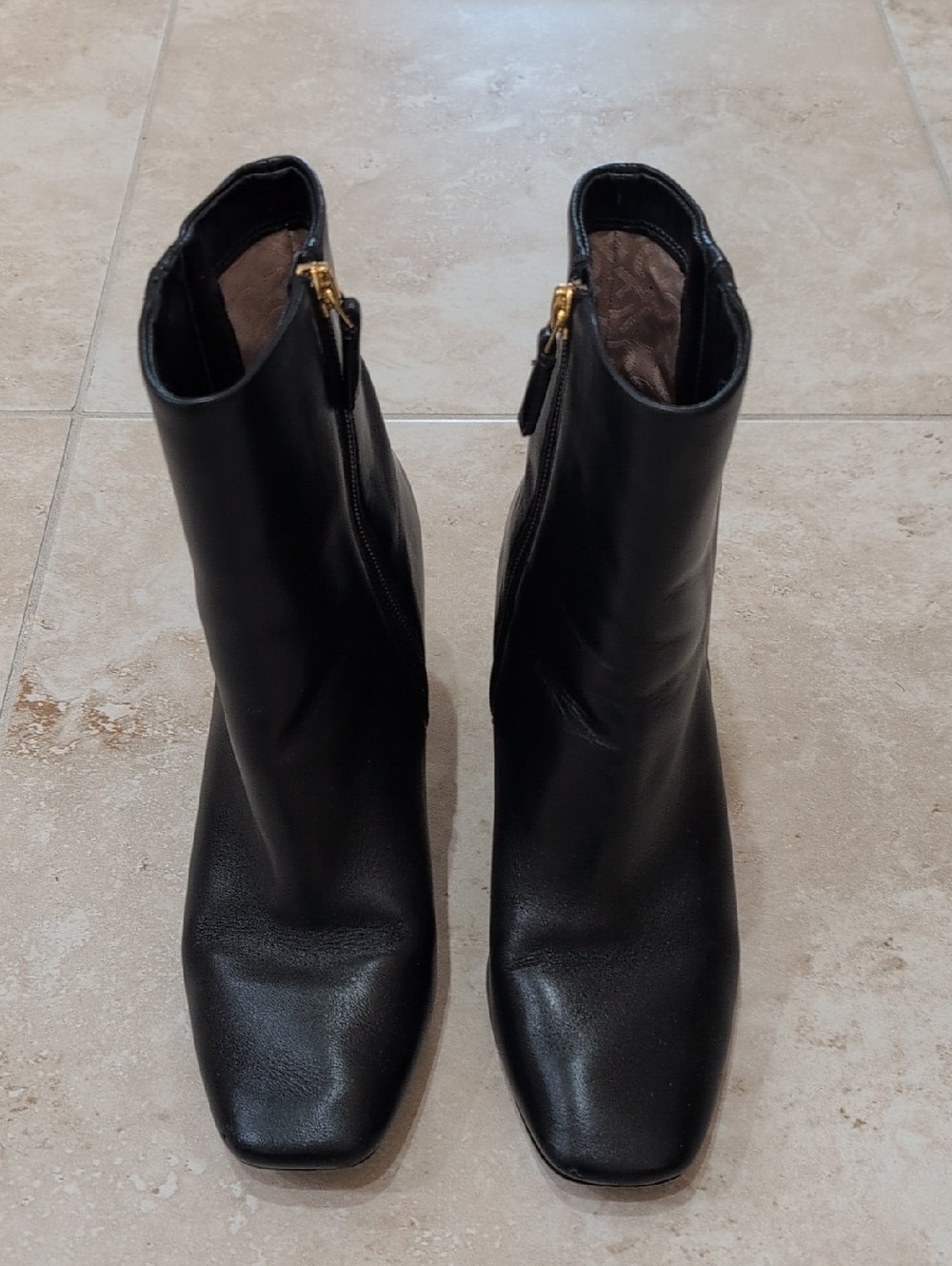 Cole Haan Black Leather Square-Toe Ankle Boots with Gold Zipper